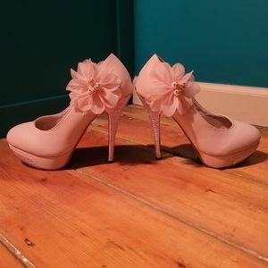 Wumeifeilan Platform Heels Rhinestones Flowers Pink Sz 39 EU / US 8